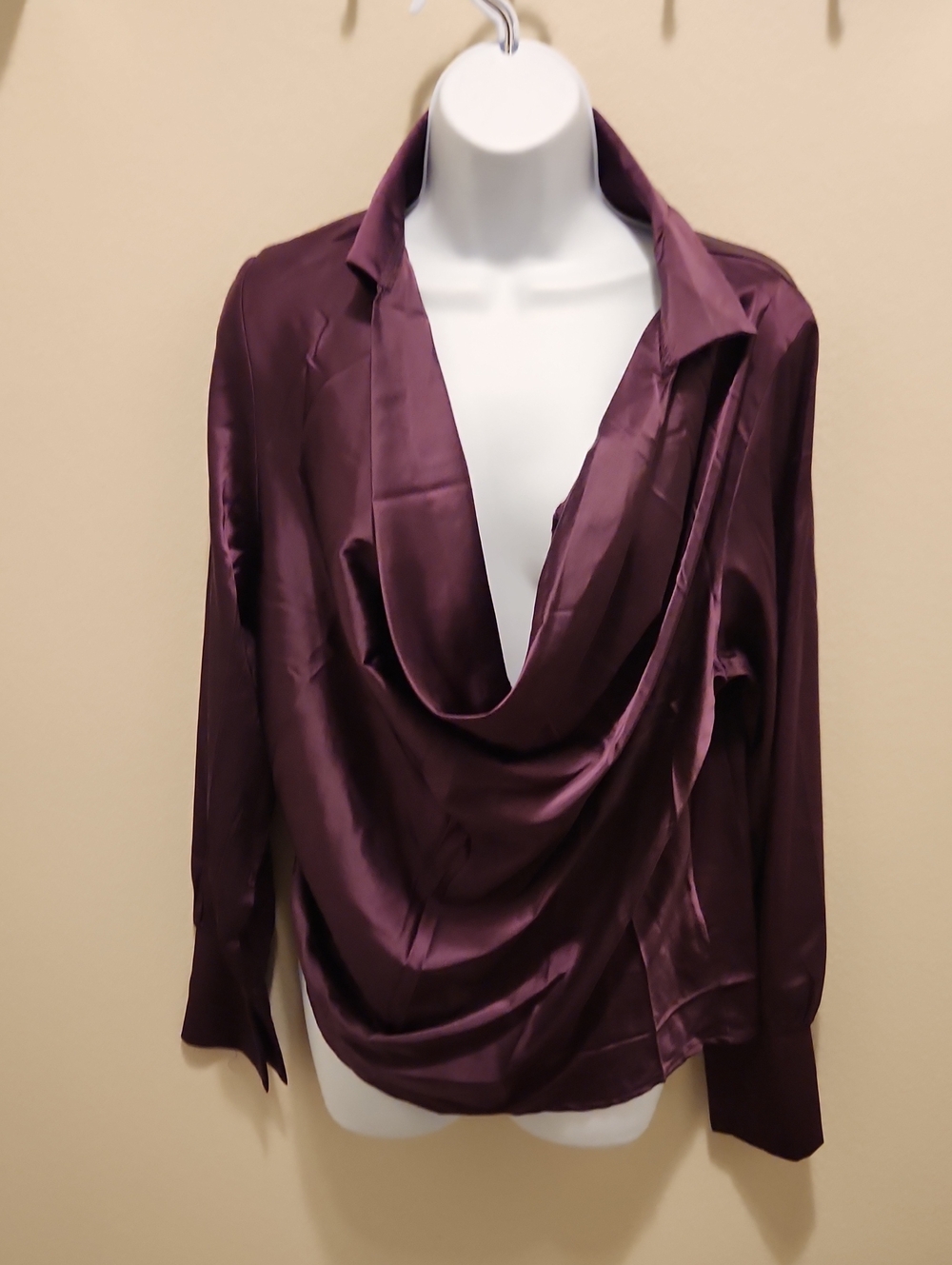 Satin Draped Cowl Neck Blouse - Deep Plum